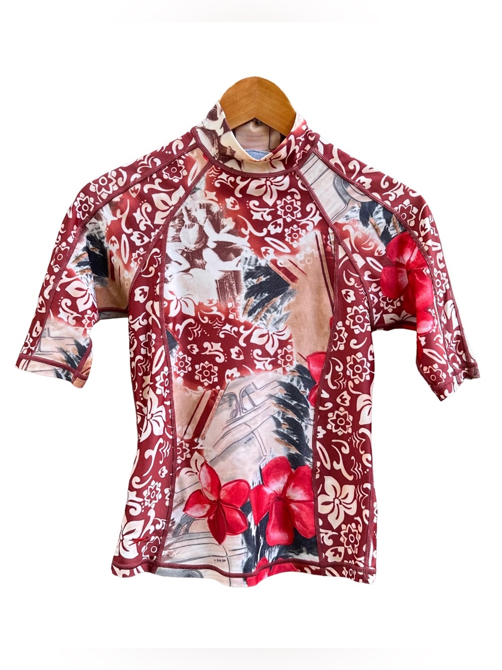 Speedo Swim Rashguard Top Tropical Hawaiian Red Hibiscus Multicolor Womens Sz 8